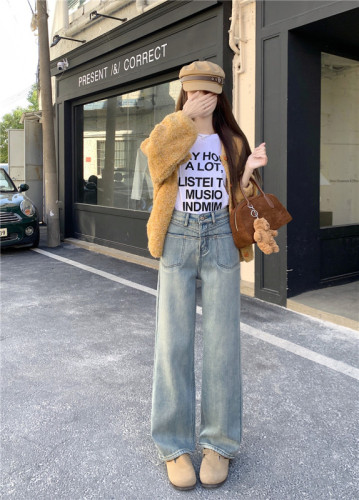 Photographed~ Vintage High-Waisted Loose Straight Leg Pants with Drape, Fleece Lining and Thickening, Light Blue Denim Women's Long Pants