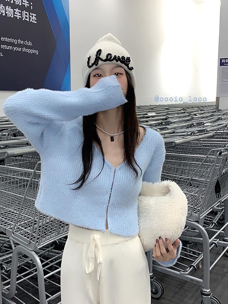 實拍三標齊少女減齡藍色拉鏈開衫毛衣女