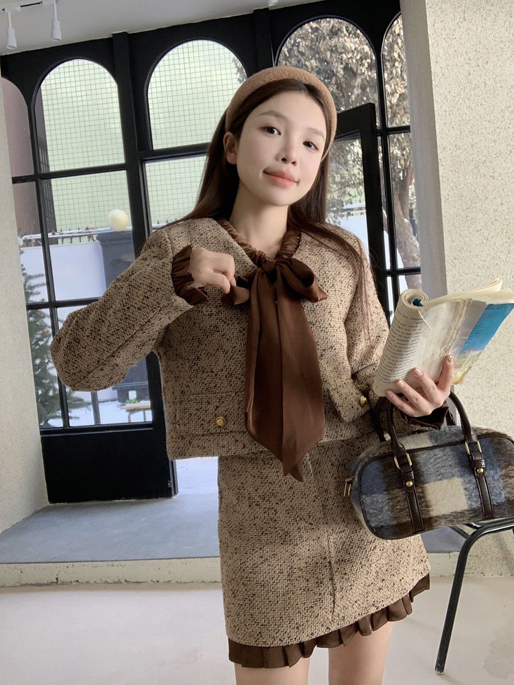 實拍 美拉德撞色拼接粗花呢套裝冬季新款蝴蝶結小香風外套包臀裙