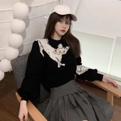 韓版代購黑色毛衣短款女套頭高腰港味小個子港風復古chic外穿貓咪