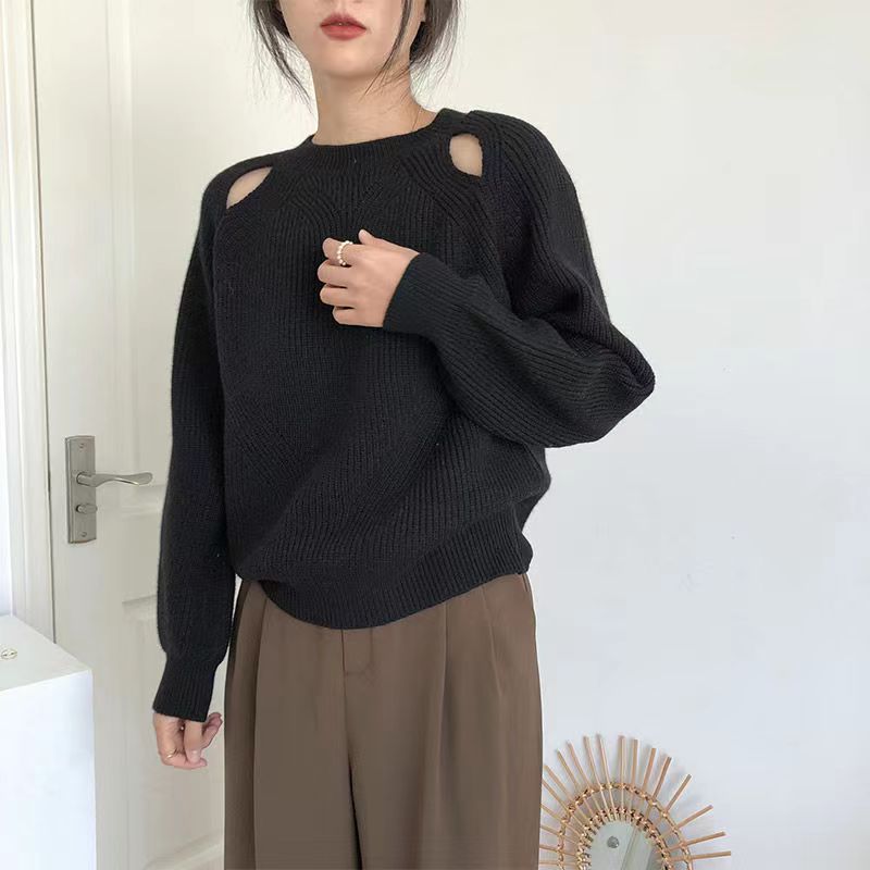 設計感露肩軟糯純欲風毛衣女2023秋冬韓系高級感溫柔年輕純色上衣