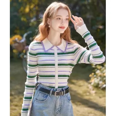 Striped short sweater for women 2023 new autumn and winter sweet design niche top short sweater bottoming shirt