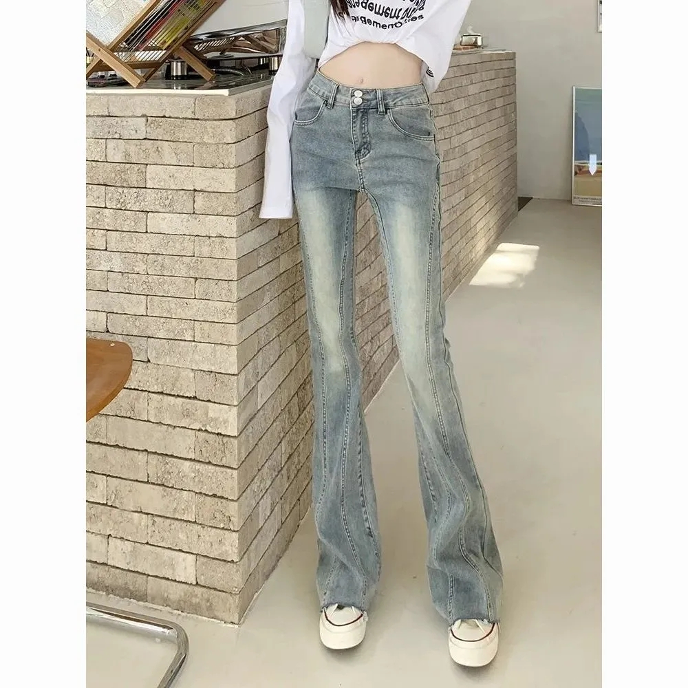 Micro-flared jeans for women in spring, new high-waisted slim design, wide-leg straight-leg raw edge horseshoe pants