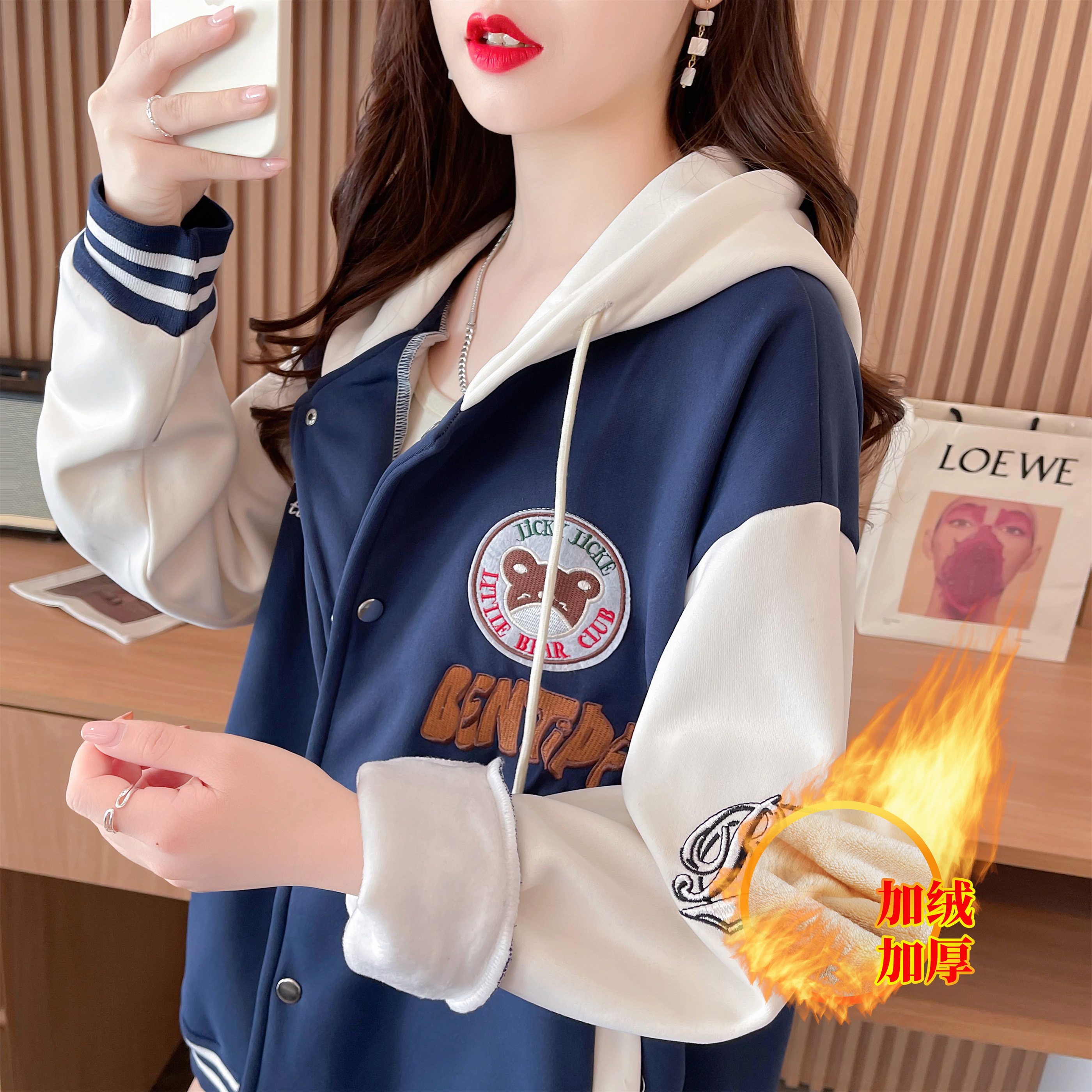 實拍冬裝加厚華棉複合貝貝絨棒球服外套寬鬆刺繡連帽衛衣女潮