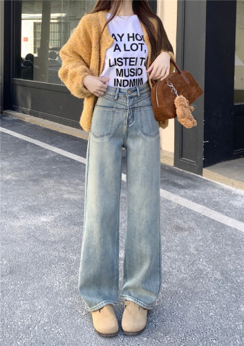 Photographed~ Vintage High-Waisted Loose Straight Leg Pants with Drape, Fleece Lining and Thickening, Light Blue Denim Women's Long Pants