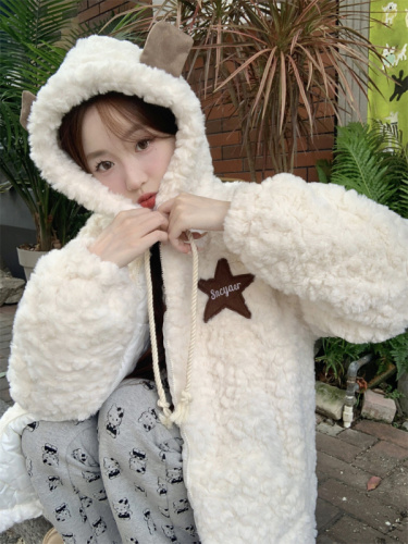 Real shot ~ Soft and waxy bear ears furry hooded cotton coat