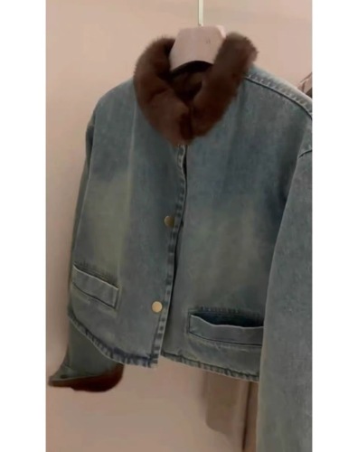 Hong Kong style retro thickened denim fur coat for women autumn and winter hot girl sweet and cool style loose short velvet jacket top