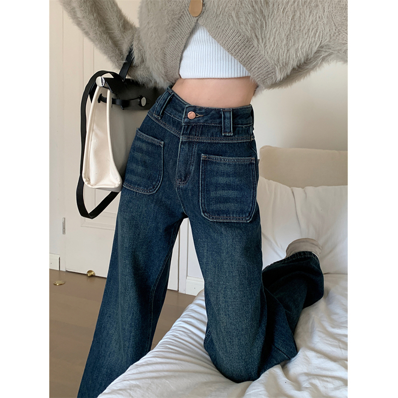 復古深藍高腰闊腿牛仔褲女2023春秋新款直筒寬鬆顯瘦垂感拖地褲子