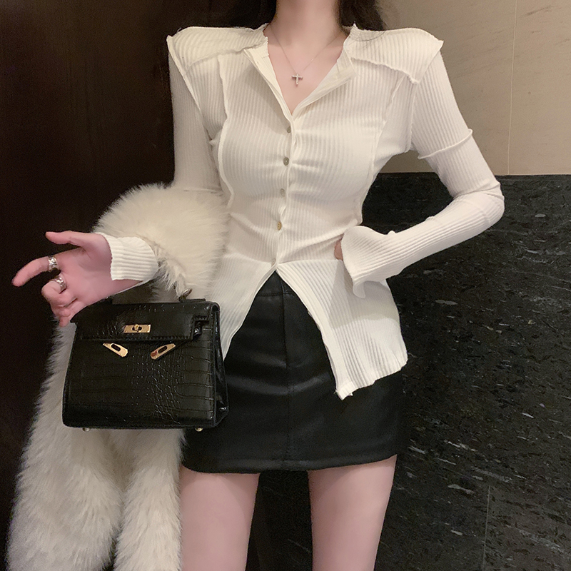 實拍設計感拼接單排扣圓領收腰針織上衣新款高級小眾洋氣修身上衣