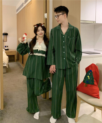 实拍韩版情侣秋冬加厚全棉磨毛圣诞绿条纹蕾丝撞色家居服套装