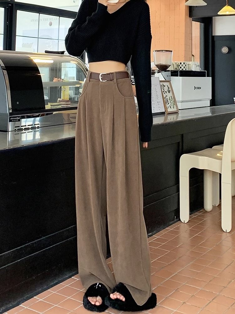 拉夏貝爾雪尼爾闊腿褲女2023新款秋冬季黑色休閒窄版直筒加絨褲子