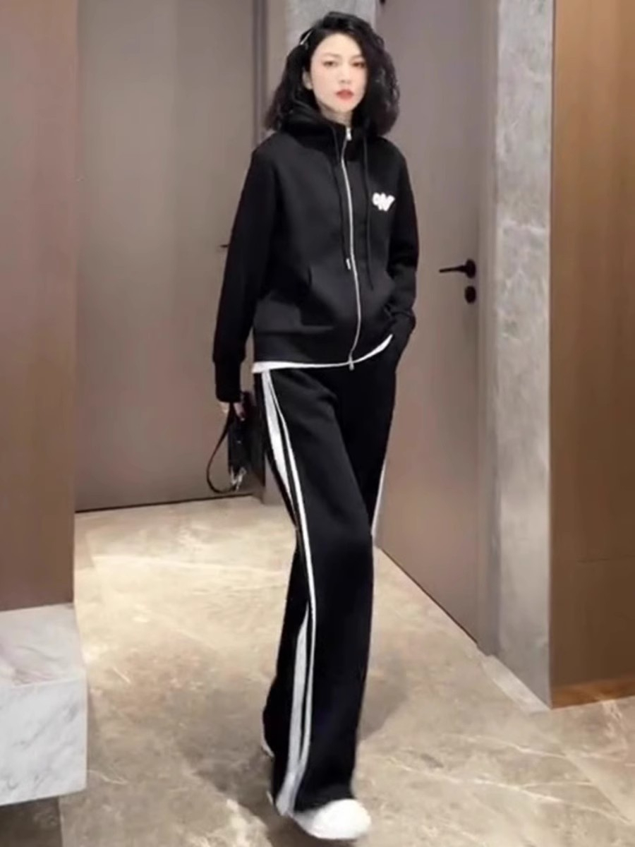 網紅時尚運動套裝女秋季洋氣減齡顯瘦高級感衛衣闊腿褲休閒兩件套