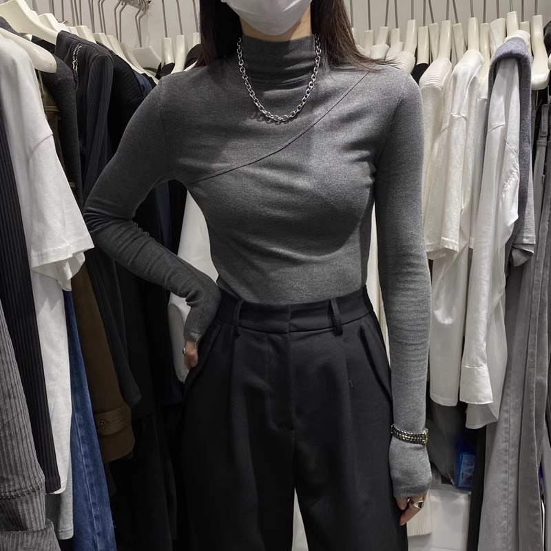 半高領加絨打底衫女秋冬內搭歐貨2023新款保暖設計感上衣磨毛t恤
