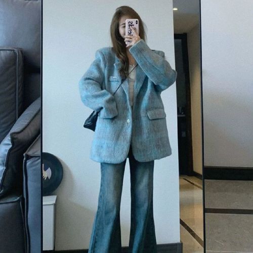 Retro contrast plaid woolen suit jacket for women in autumn and winter new style high-end loose temperament outer suit top