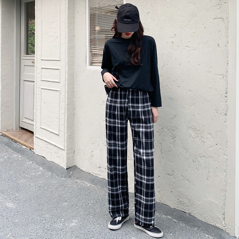 春季格子褲子女寬鬆直筒垂感高腰顯瘦韓版休閒闊腿褲