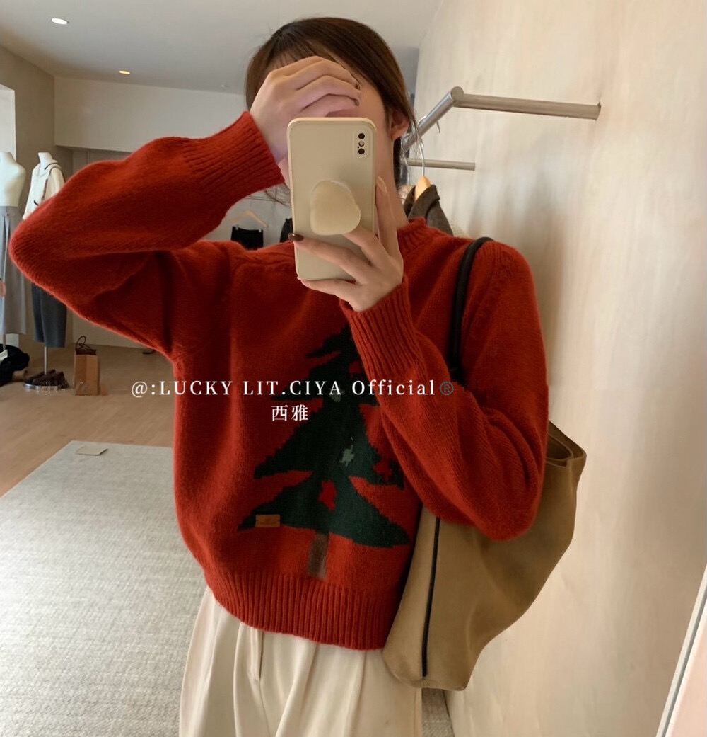 韓系圓領聖誕樹刺繡套頭毛衣女秋冬季新款寬鬆百搭加厚針織衫上衣