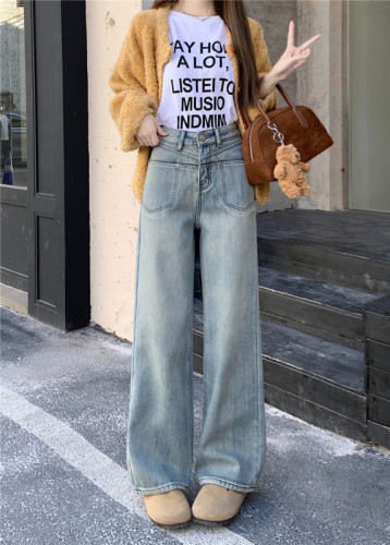 Photographed~ Vintage High-Waisted Loose Straight Leg Pants with Drape, Fleece Lining and Thickening, Light Blue Denim Women's Long Pants