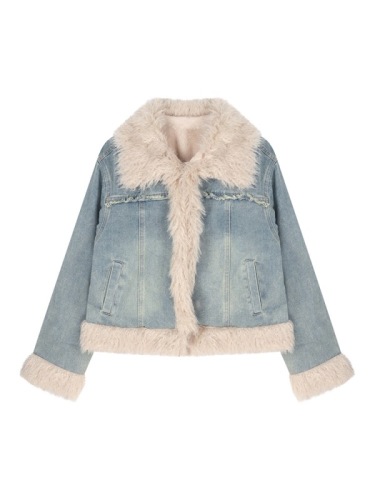 Retro washed denim spliced ​​fur jacket for women in autumn and winter loose thickened warm long-sleeved cardigan fur top