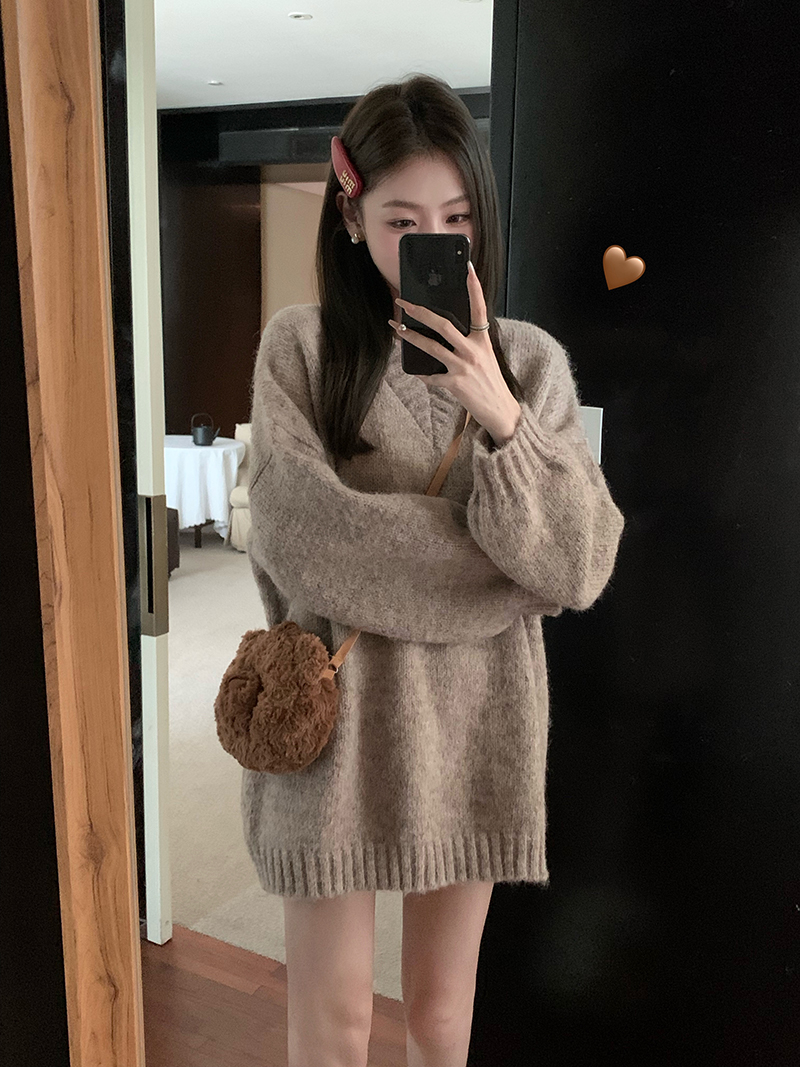 實拍 三標齊 慵懶風oversize大V領套頭毛衣小個子中長款針織衫