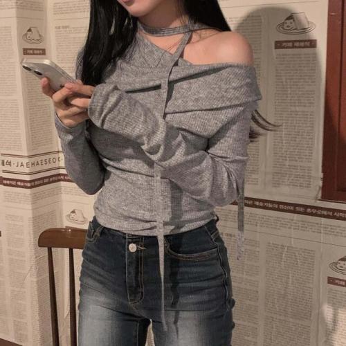 韩国chic新款复古设计感露肩长袖T恤女