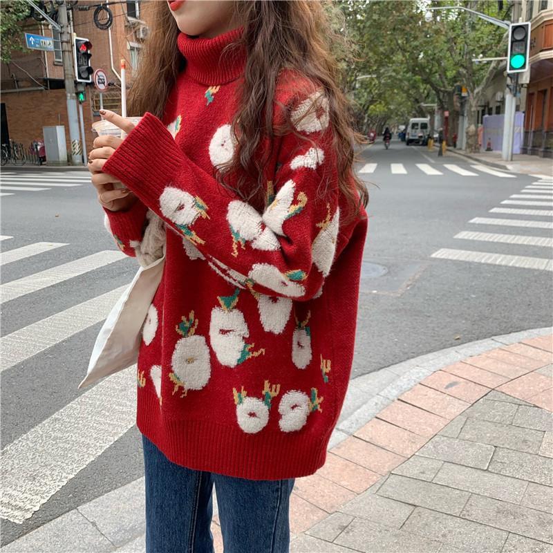 韓國東大門慵懶風復古高領毛衣女女氣質百搭提花加厚套潮寬鬆