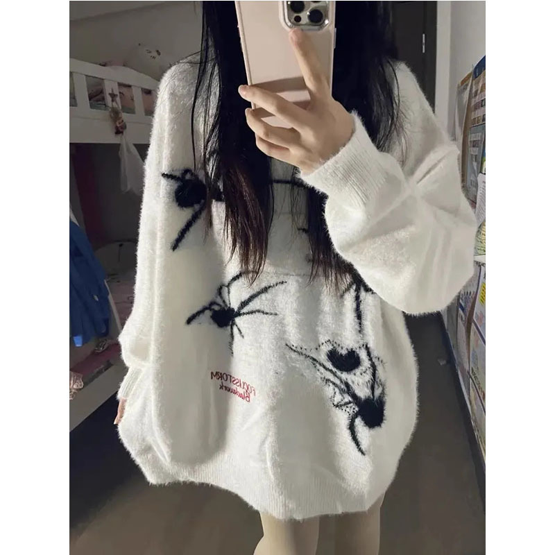學院風甜酷蜘蛛圓領套頭毛衣女初中生秋冬新款寬鬆百搭針織衫上衣