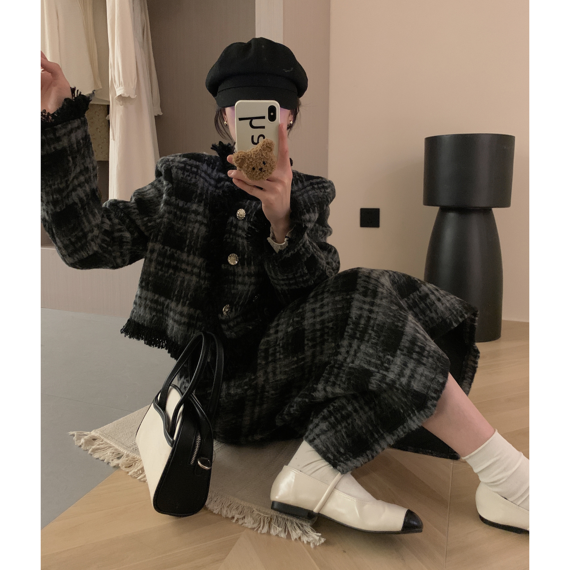 。實拍  小香風 毛呢格子流蘇外套vs高腰呢子半身裙 套裝