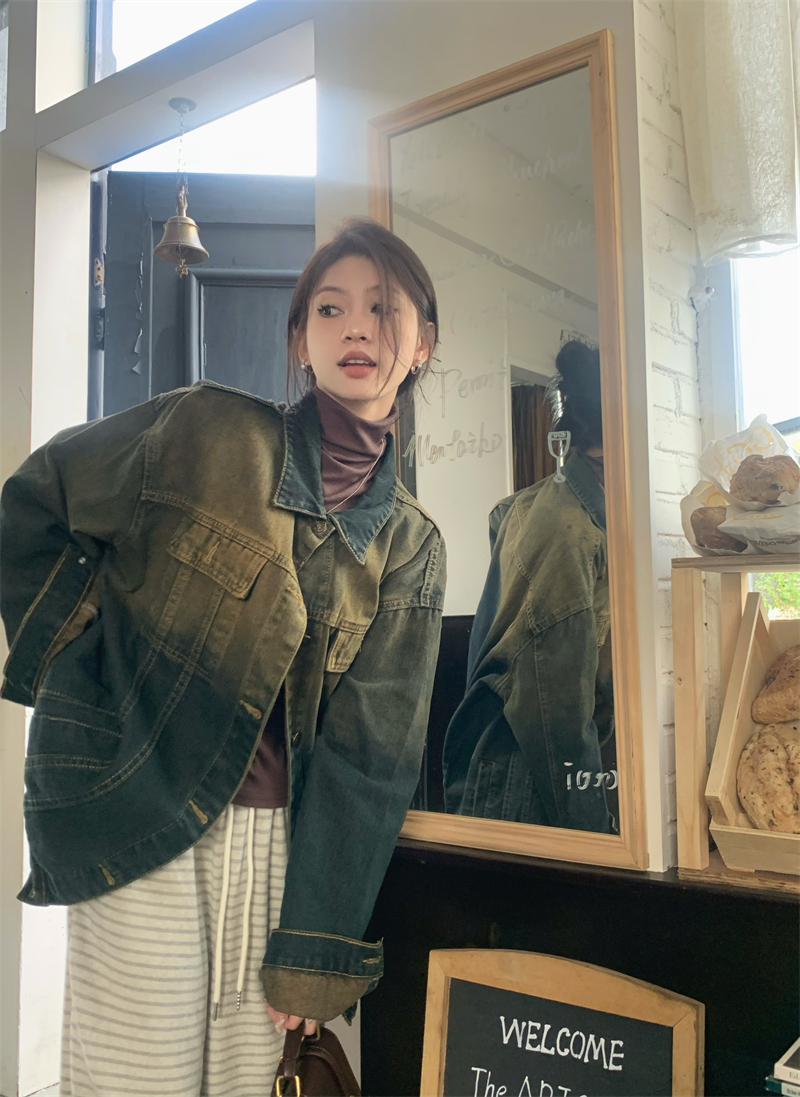 實拍 秋冬BF慵懶風百搭扎染中長款寬鬆牛仔外套女
