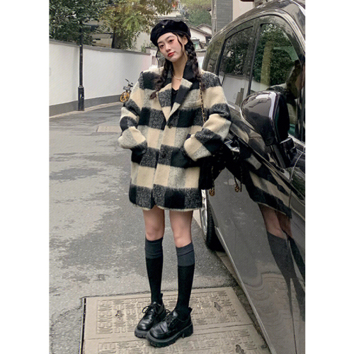 Plaid Woolen Suit Jacket Women's 2023 Autumn and Winter New Korean Loose Thickened Small Retro Woolen Coat