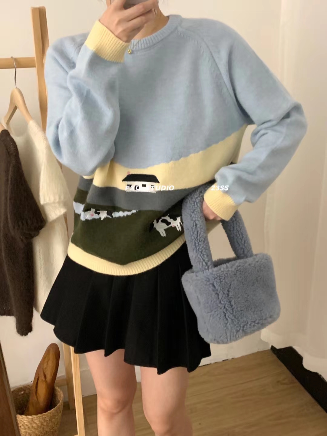 慵懶風韓國東大門2023秋女設計感撞色奶牛提花寬鬆馬海毛套頭毛衣