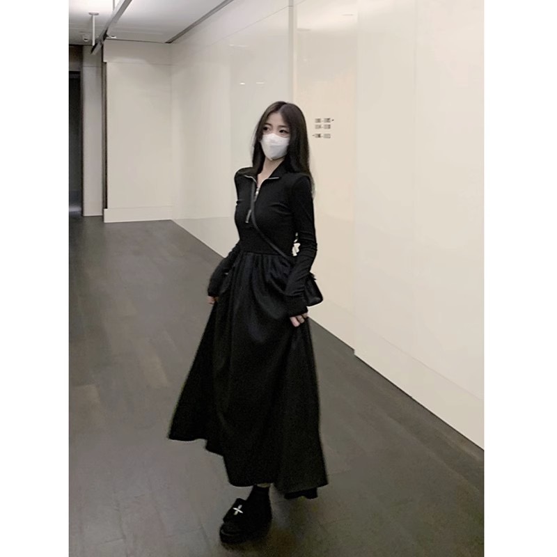 黑色長袖連衣裙女秋季2023新款法式高級感氣質收腰顯瘦赫本風裙子
