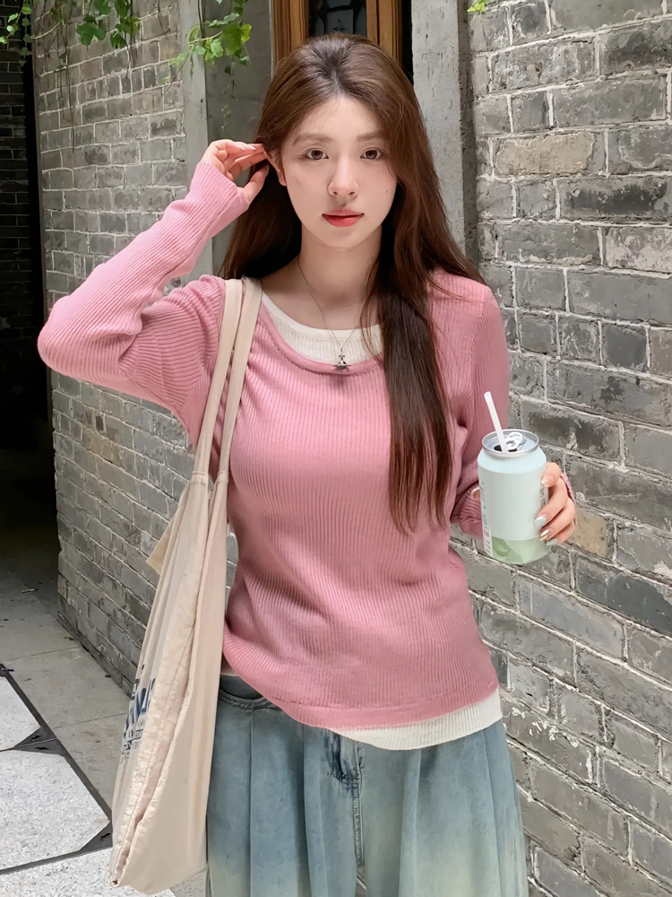 小個子秋季高級別致絕美長袖假兩件設計上衣女正肩T恤針織打底衫