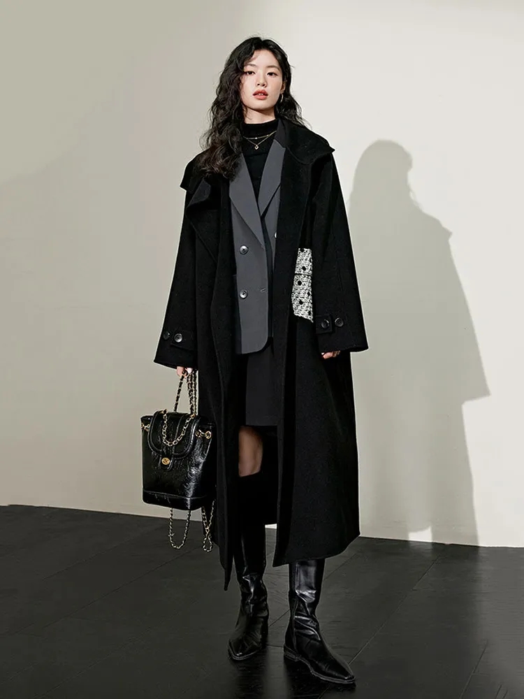 Wide-color Hepburn style wool double-sided black turtleneck woolen coat for women 2023 new autumn and winter woolen long coat