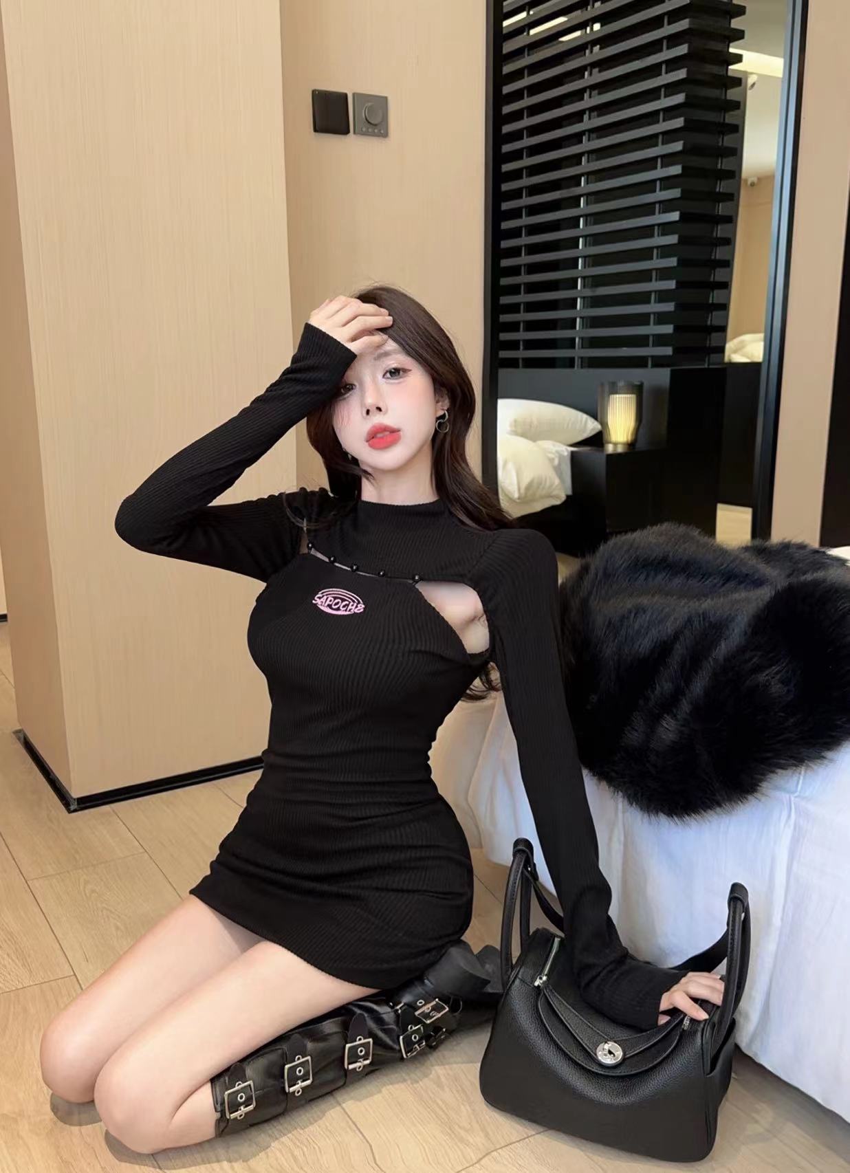 實拍  冬季新款性感辣妹修身高腰包臀短裙子