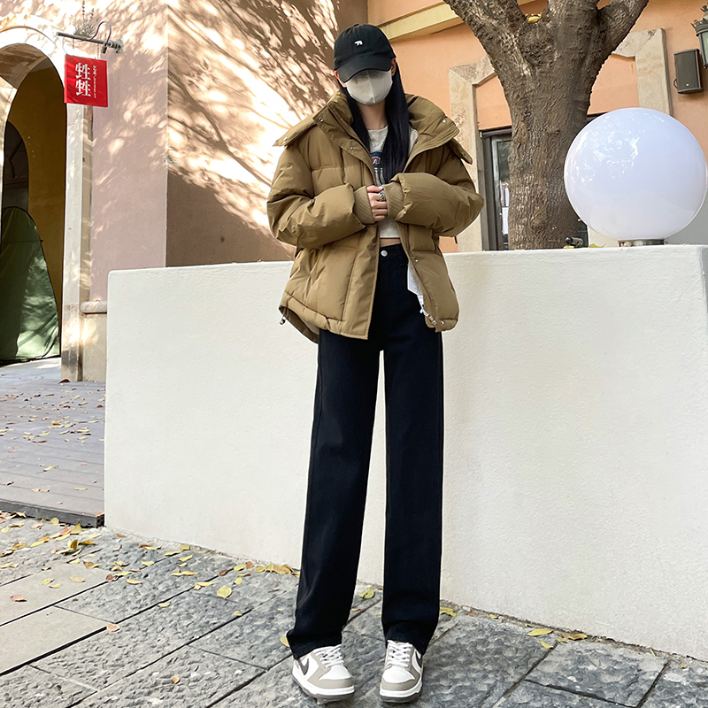 實拍2023直筒牛仔褲女加絨秋冬新款高腰顯瘦窄版闊腿拖地褲子