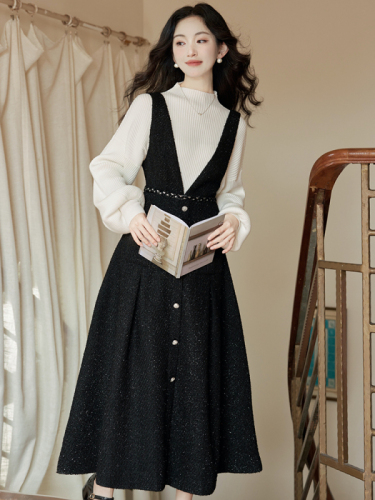 Xiaoxiangfeng single-breasted suspender skirt long skirt slim black autumn and winter new dress women's suit