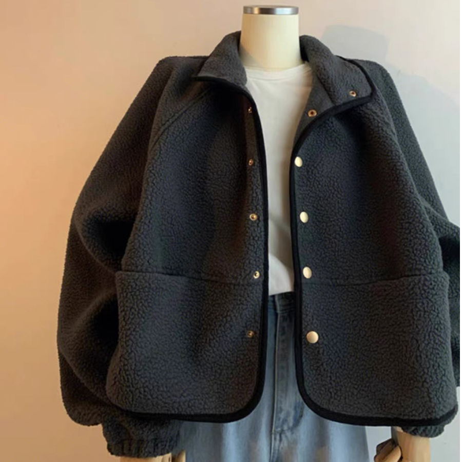 Small casual versatile high-end retro dark gray sherpa jacket for women 2023 winter