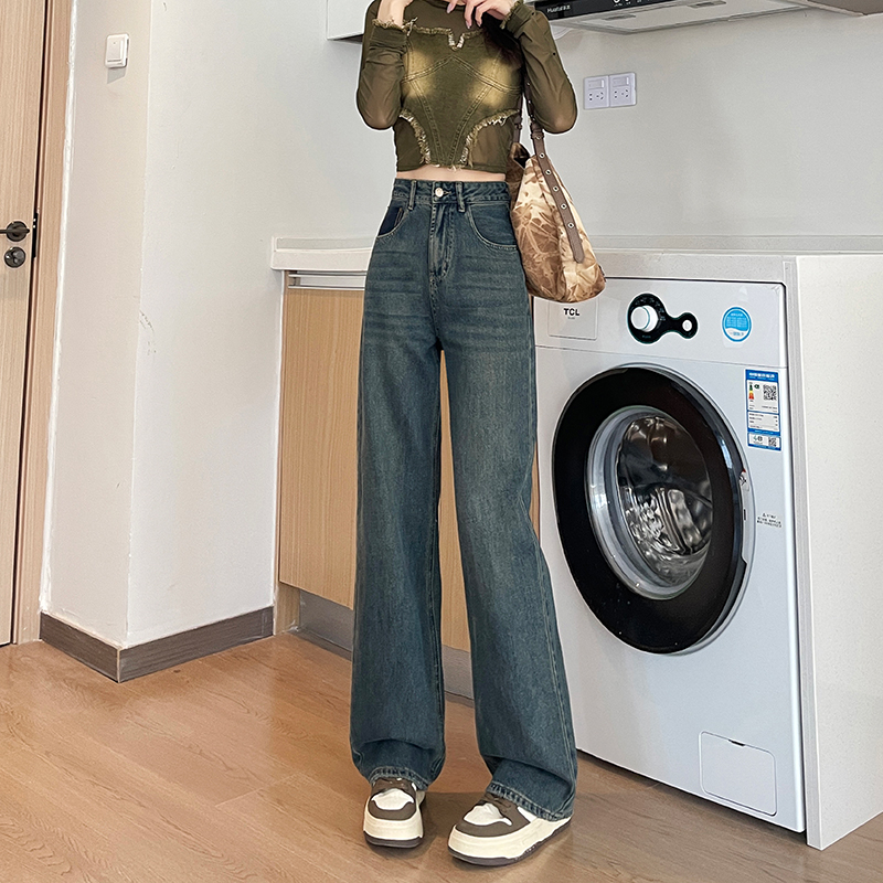 實拍2023窄版闊腿牛仔褲女秋冬加絨加厚小個子寬鬆直筒拖地褲