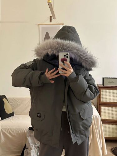 BANDITKGANGN American retro gray parka fur collar cotton coat winter thickened warm cotton coat for women