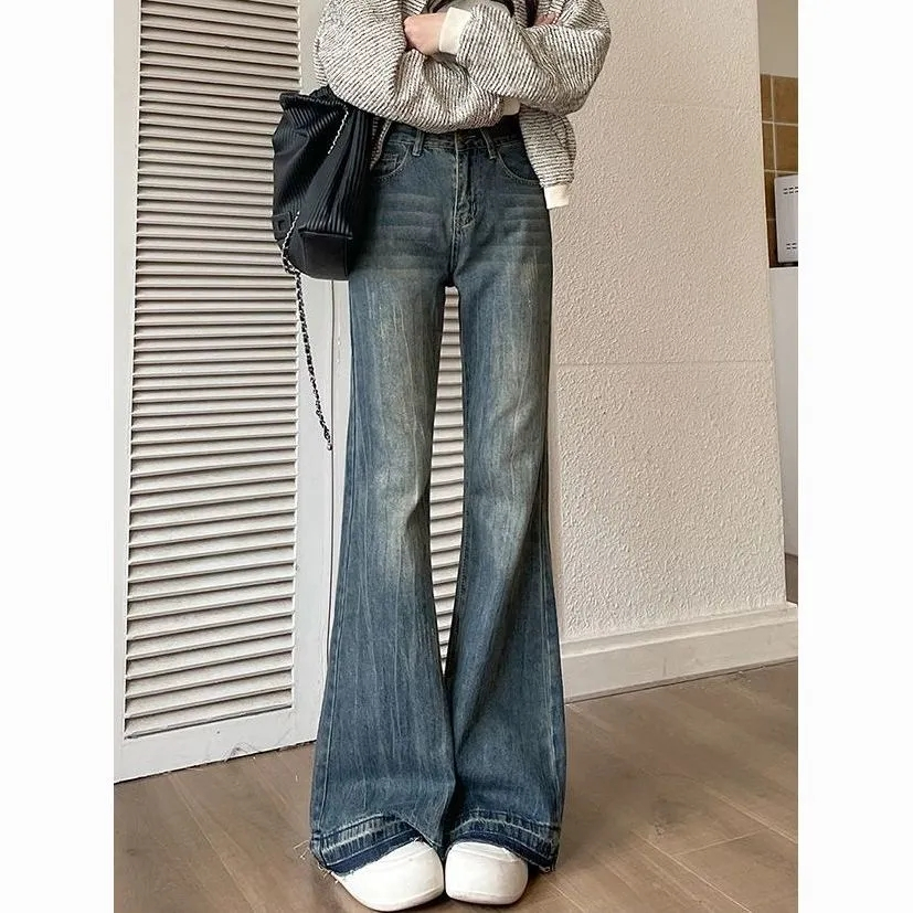 復古毛邊微喇牛仔褲女春秋新款高腰寬鬆顯瘦闊腿喇叭褲子潮