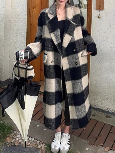 Tartan coat for women 2023 autumn and winter new loose thickened Korean Hepburn style woolen coat for small people