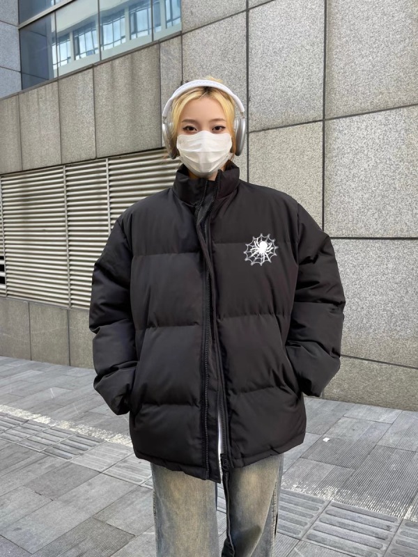 Black Chicken SSS Winter American Stand Collar Letter Printed Cotton Jacket for Men and Women Loose Thick Warm Bread Jacket