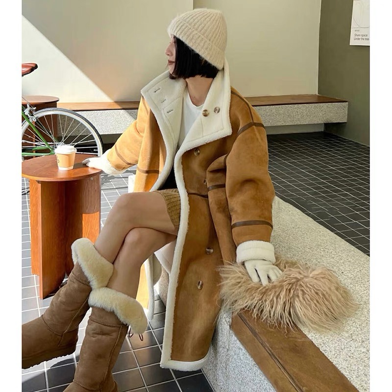 Hong Kong style reversible fashion brand retro mid-length coat for women loose lamb wool cotton coat fur one-piece warm coat
