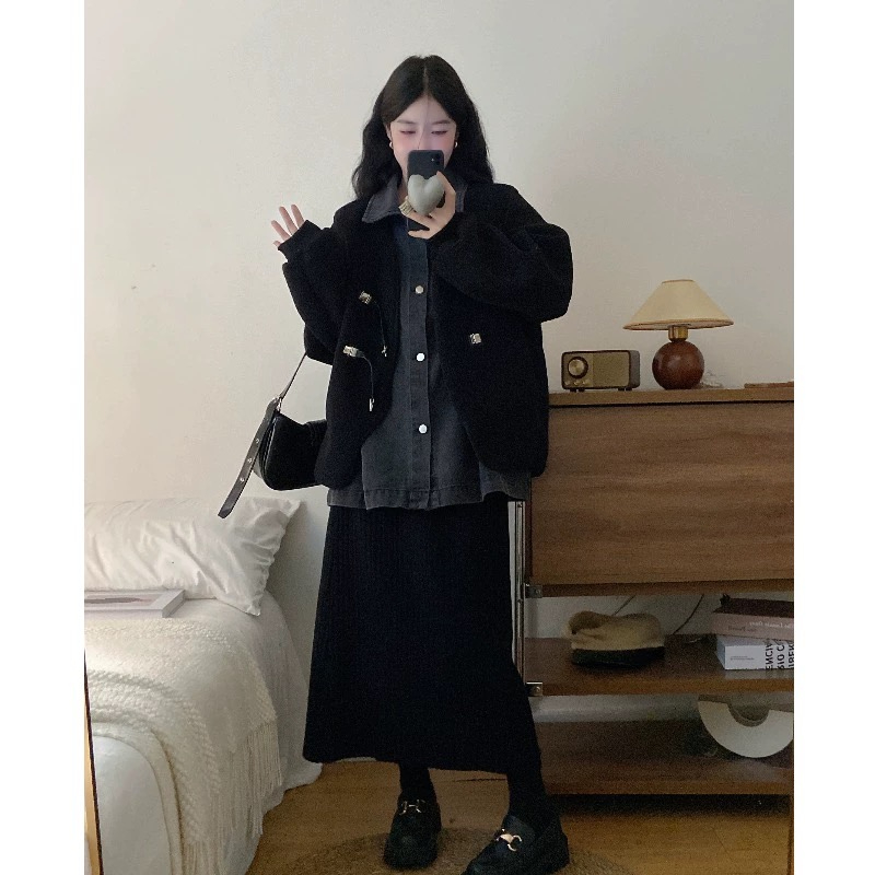 ddgirl 23AW/設計感寬鬆羊羔拼袖襯衫外套+仿羊羔馬甲兩件套套裝