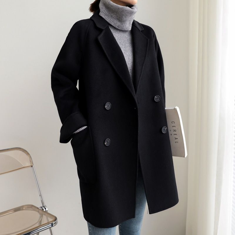 Black woolen coat coat for women 2023 new high-end mid-length fashionable and temperament small woolen coat