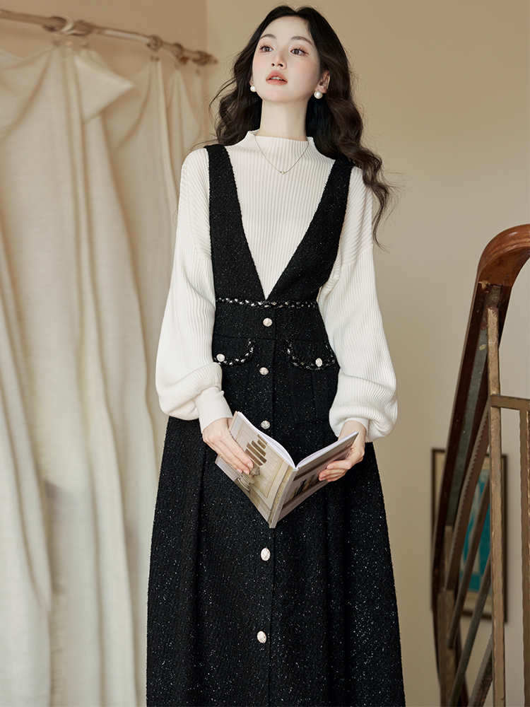Xiaoxiangfeng single-breasted suspender skirt long skirt slim black autumn and winter new dress women's suit