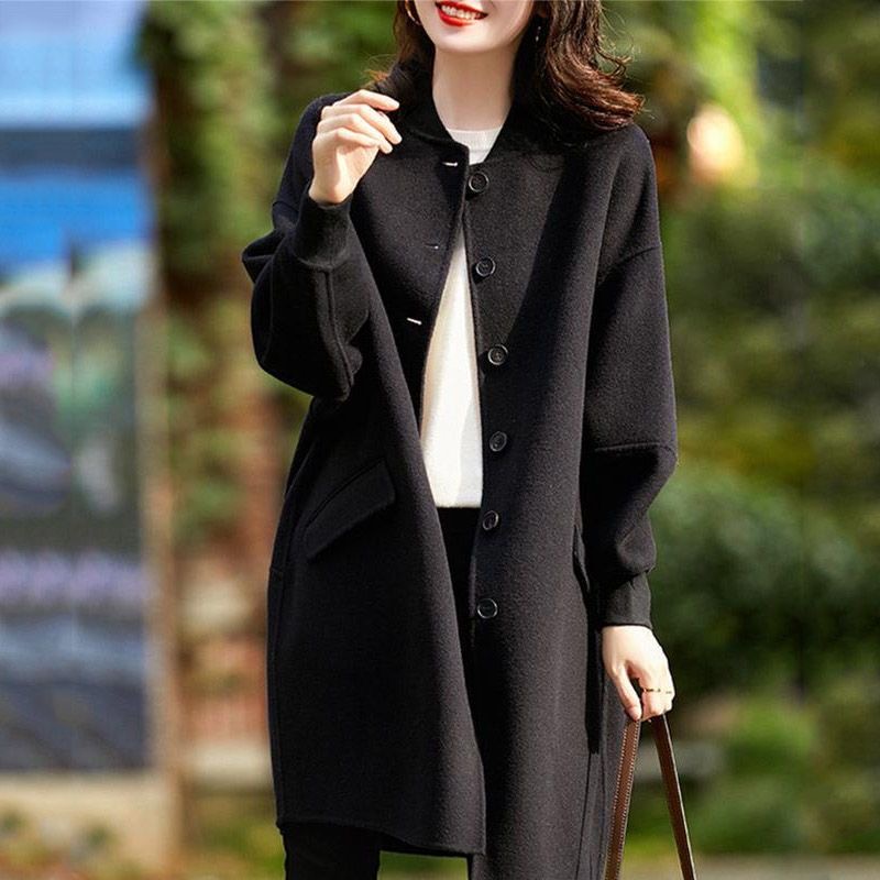 Black Woolen Coat Women's 2023 Autumn New Style Mid-Length Slim Fit Casual Versatile Woolen Coat