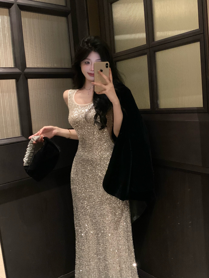 實拍~自由野性炸裂珠片裙背心裙長裙簡單西裝外套