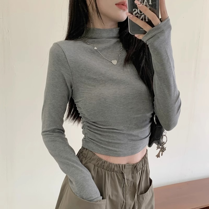 質量 褶皺高領打底衫長袖T恤女春秋韓版純欲修身短款上衣