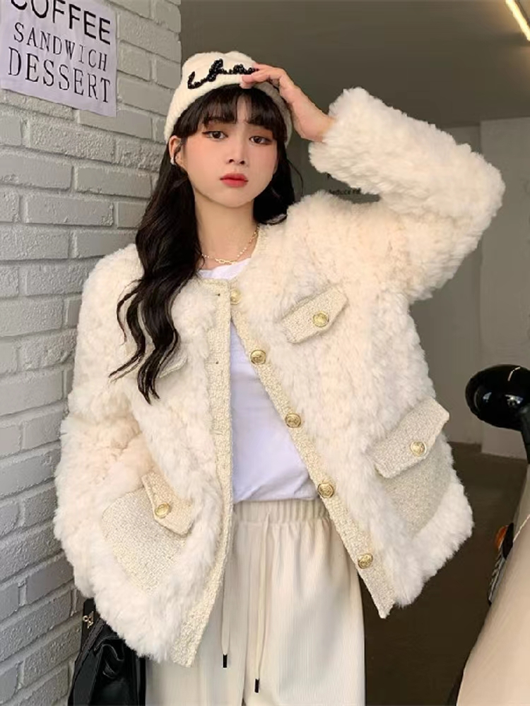 Tmall quality new autumn and winter small fragrance apricot lamb plush jacket for women